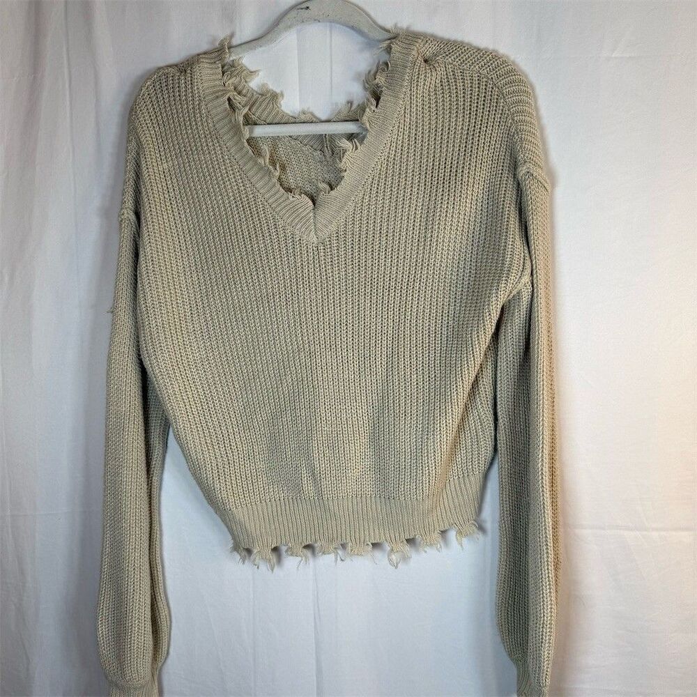 Freshman 1966 Sweater Womens S Tan V-Neck Cropped Distressed Chunky